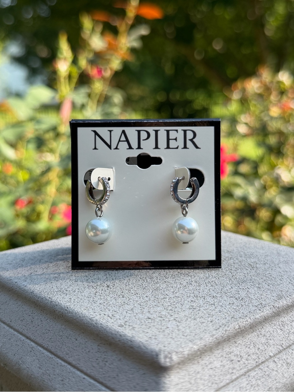 Napier Silver-Tone Hoop Earrings with White Pearl Drops